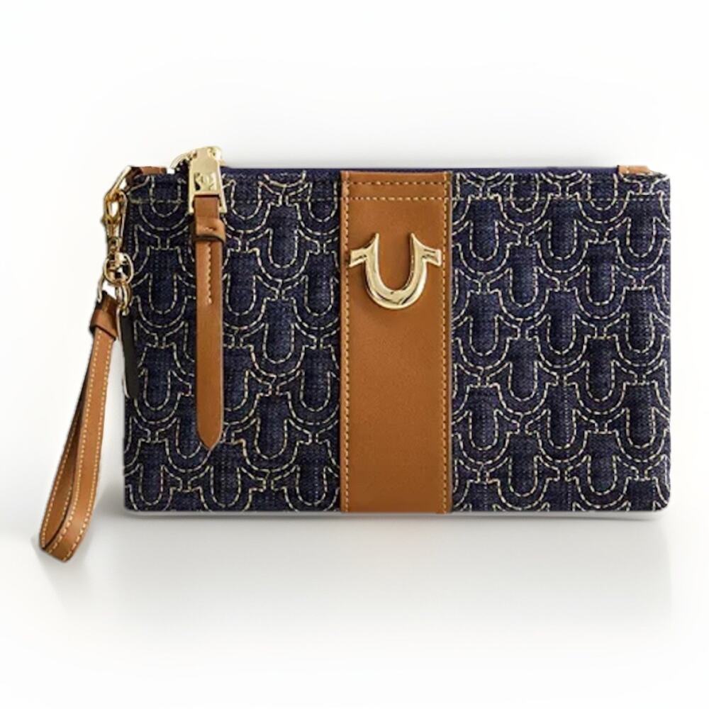 NEW TRUE RELIGION Denim Faux LTR Horseshoe Buddha Quilted Wristlet Wallet Clutch